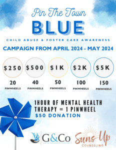 Pin The Town Blue in Pooler, GA and surrounding cities of Savannah, GA. $50 donations give a foster one hour of therapy. We would like to use this time to ask all to give for this special cause.