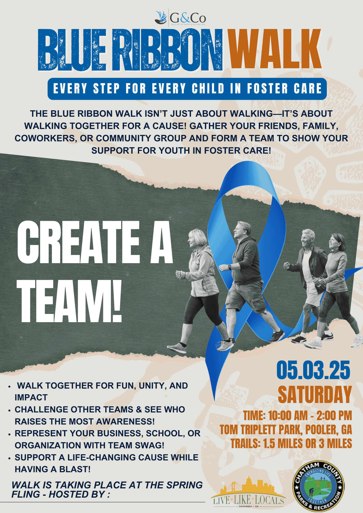 Build a team for this years Foster Care Awareness Month Blue Ribbon Walk in Chatham County, GA.