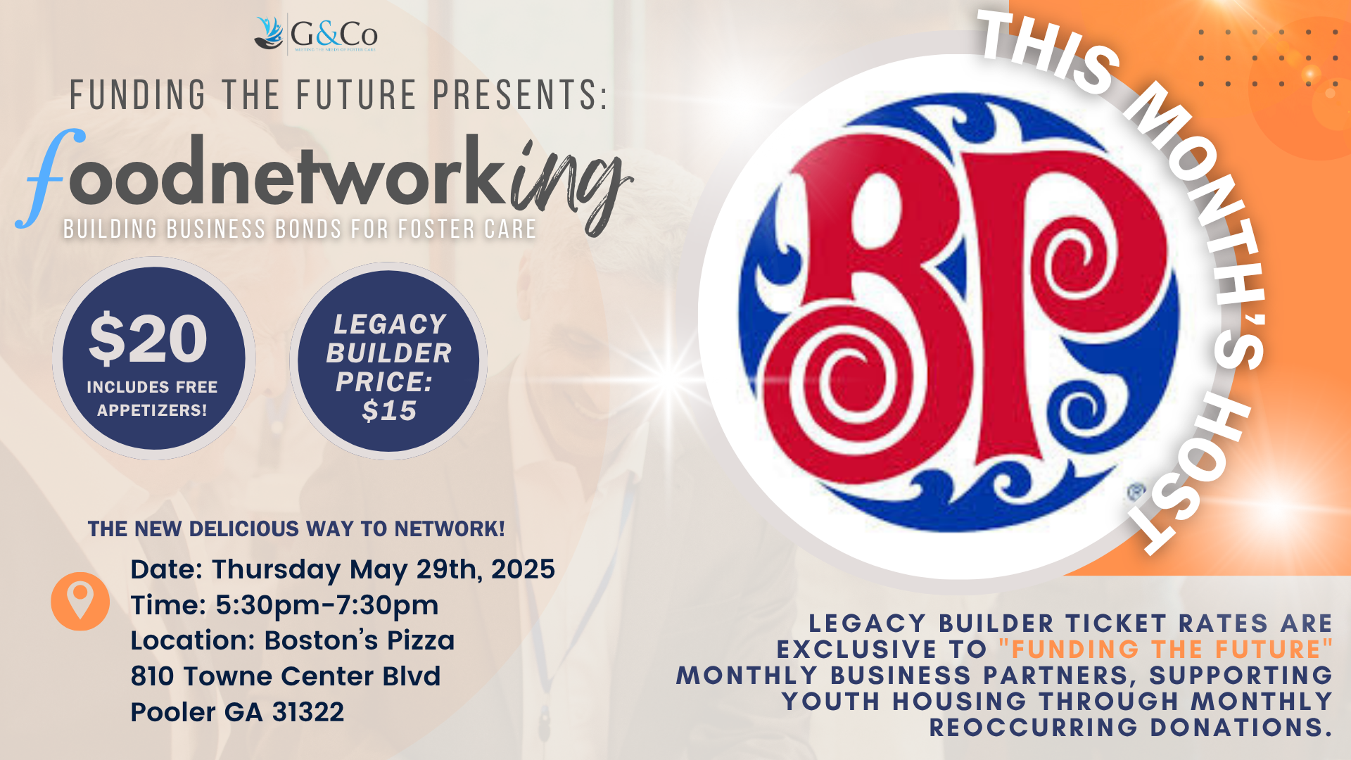 Food Networking Event Cover_Boston_Pizza_2025 Foodnetworking in Pooler, GA at Boston's Pizza.
